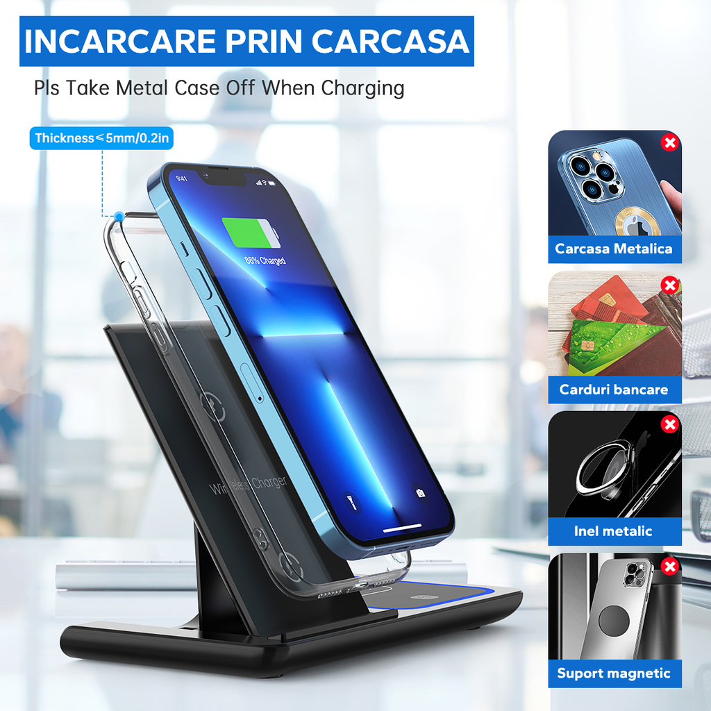 Statie încărcare wireless 3 in 1 fast charge 15W