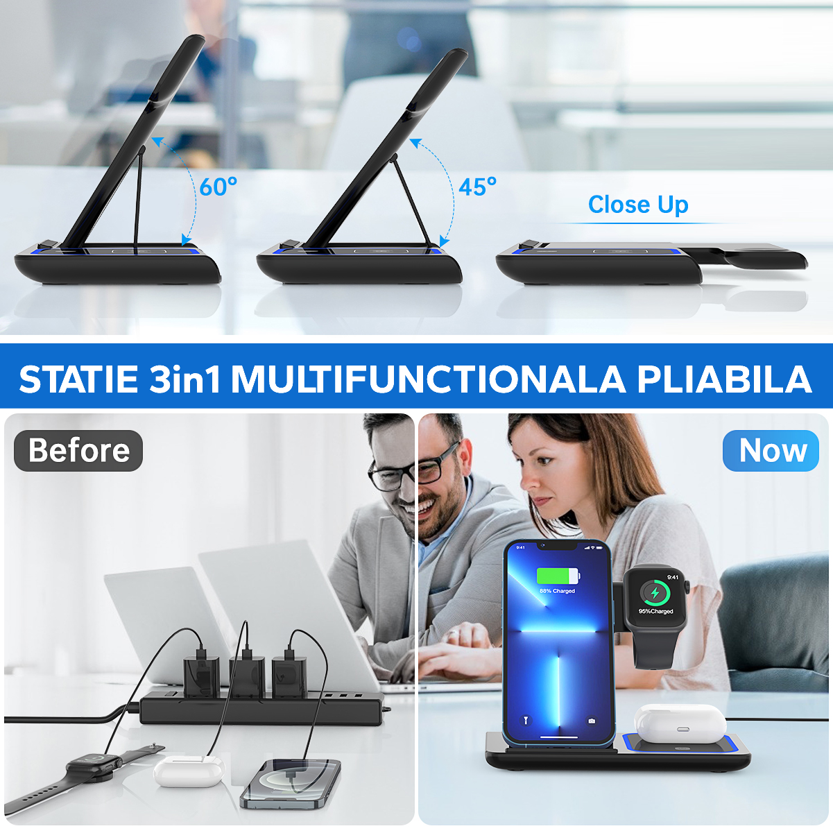 Statie încărcare wireless 3 in 1 fast charge 15W
